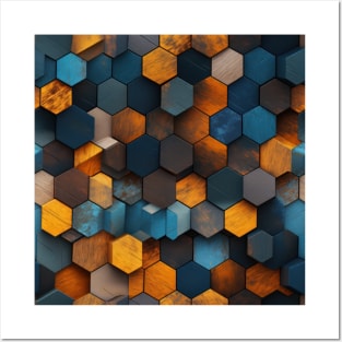 Geometric Timber: Crystalline Hexagons in Amber and Blue Posters and Art
